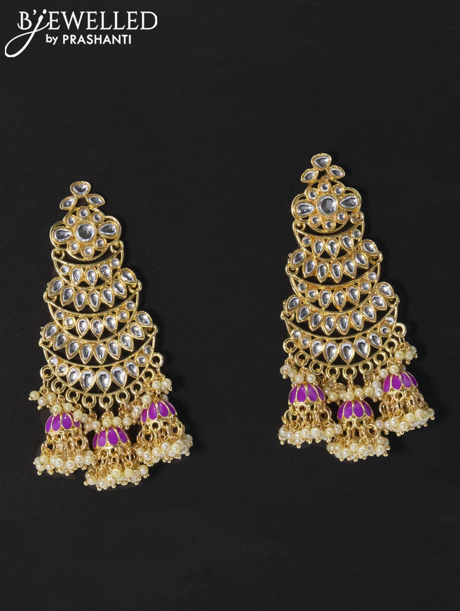 Dangler violet earrings with kundan stone and pearl maatal - {{ collection.title }} by Prashanti Sarees
