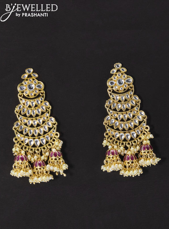 Dangler wine shade earrings with kundan stone and pearl maatal - {{ collection.title }} by Prashanti Sarees