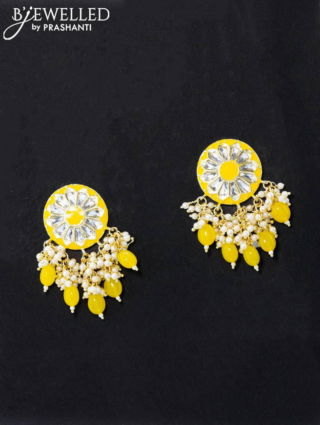 Dangler yellow earrings with hangings and pearl maatal - {{ collection.title }} by Prashanti Sarees