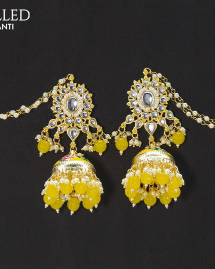 Dangler yellow jhumkas with hangings and pearl maatal - {{ collection.title }} by Prashanti Sarees