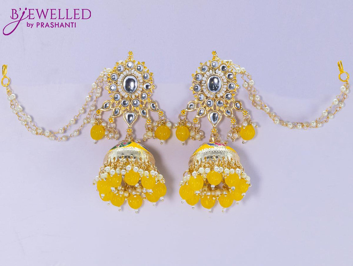 Dangler yellow jhumkas with hangings and pearl maatal - {{ collection.title }} by Prashanti Sarees