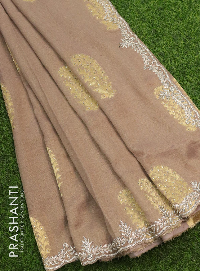 Designer georgette saree brown shade with allover zari buttas & stone work - {{ collection.title }} by Prashanti Sarees