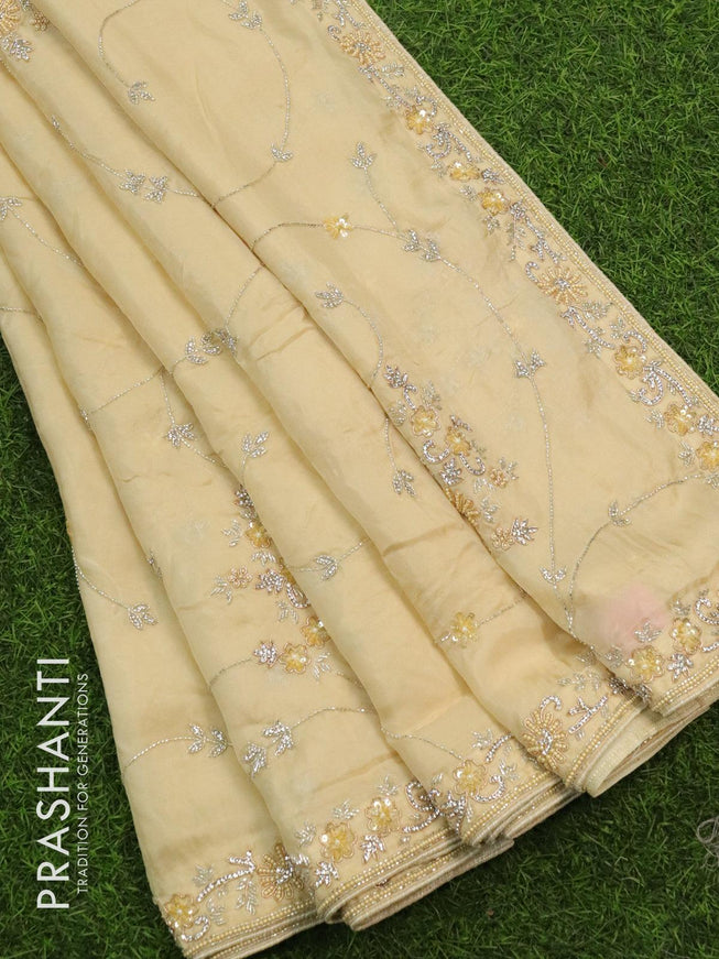 Designer satin silk saree cream with allover stone & beaded work - {{ collection.title }} by Prashanti Sarees
