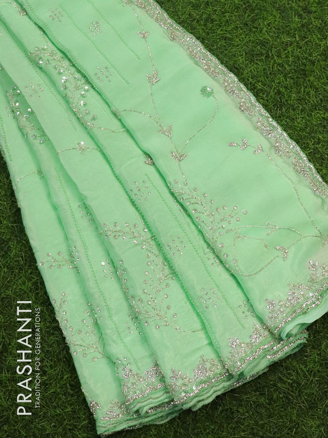 Designer satin silk saree light green with allover beaded & stone work - {{ collection.title }} by Prashanti Sarees
