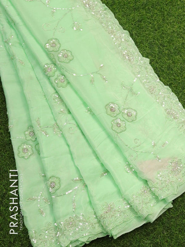Designer satin silk saree light green with allover chamki & beaded work - {{ collection.title }} by Prashanti Sarees