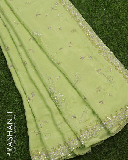 Designer satin silk saree light green with allover chamki & zardosi work - {{ collection.title }} by Prashanti Sarees