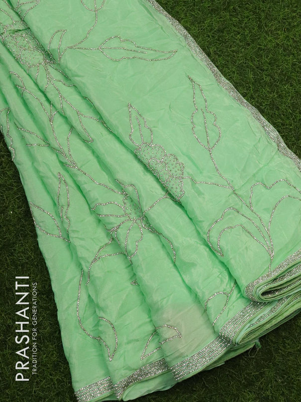 Designer satin silk saree light green with allover stone work - {{ collection.title }} by Prashanti Sarees