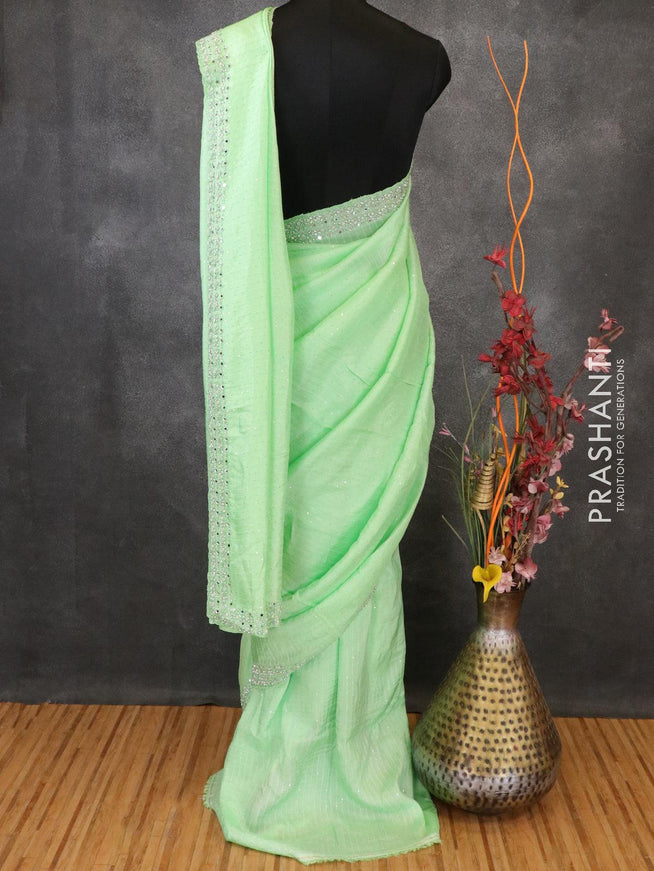 Designer satin silk saree light green with beaded embroidery and stone work - {{ collection.title }} by Prashanti Sarees