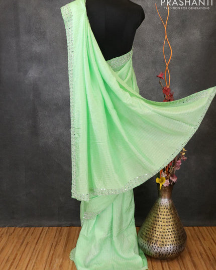 Designer satin silk saree light green with beaded embroidery and stone work - {{ collection.title }} by Prashanti Sarees