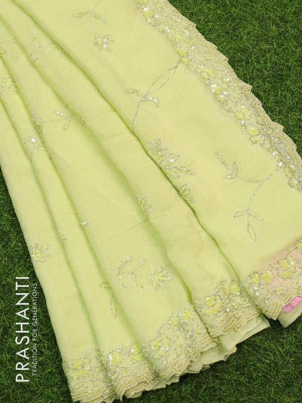 Designer satin silk saree lime green shade with allover chamki & beaded work - {{ collection.title }} by Prashanti Sarees