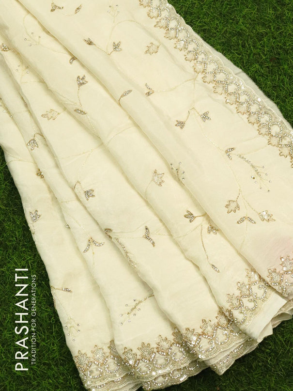Designer satin silk saree off white with allover chamki & stone work - {{ collection.title }} by Prashanti Sarees