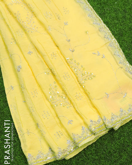 Designer satin silk saree pale yellow with allover chamki & stone work - {{ collection.title }} by Prashanti Sarees