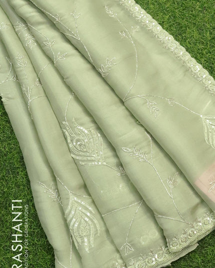 Designer satin silk saree pastel green with allover beaded & chamki work - {{ collection.title }} by Prashanti Sarees