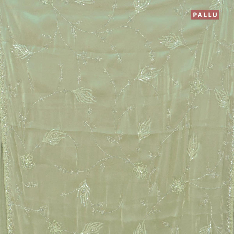 Designer satin silk saree pastel green with allover beaded & chamki work - {{ collection.title }} by Prashanti Sarees