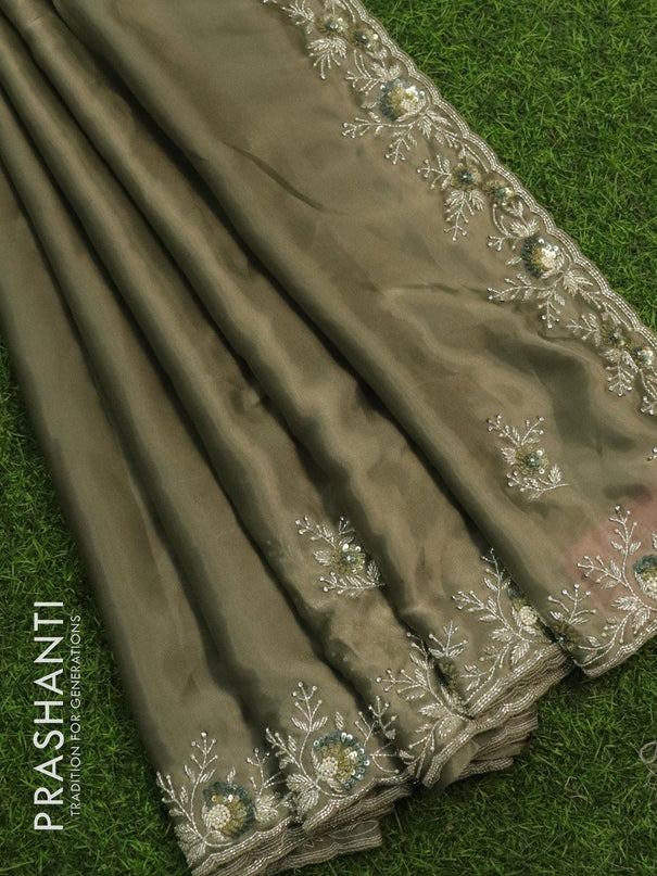 Designer satin silk saree pastel green with allover chamki & beaded work - {{ collection.title }} by Prashanti Sarees