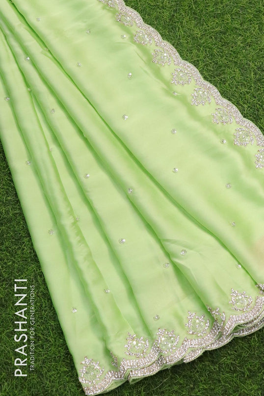 Designer satin silk saree pastel green with allover chamki & stone work - {{ collection.title }} by Prashanti Sarees