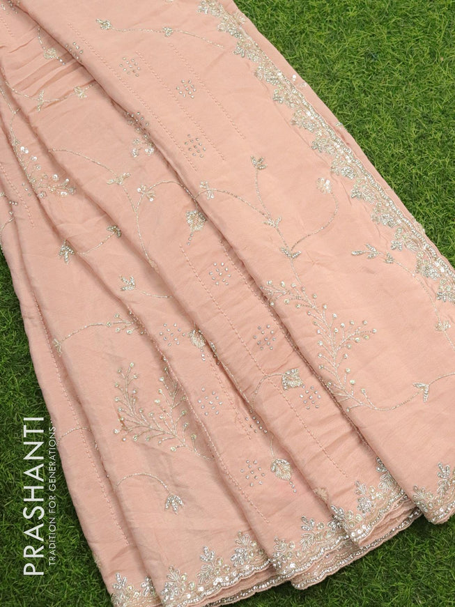 Designer satin silk saree peach pink with allover chamki & zardosi work - {{ collection.title }} by Prashanti Sarees