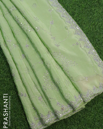 Designer satin silk saree pista green with allover stone & chamki work - {{ collection.title }} by Prashanti Sarees