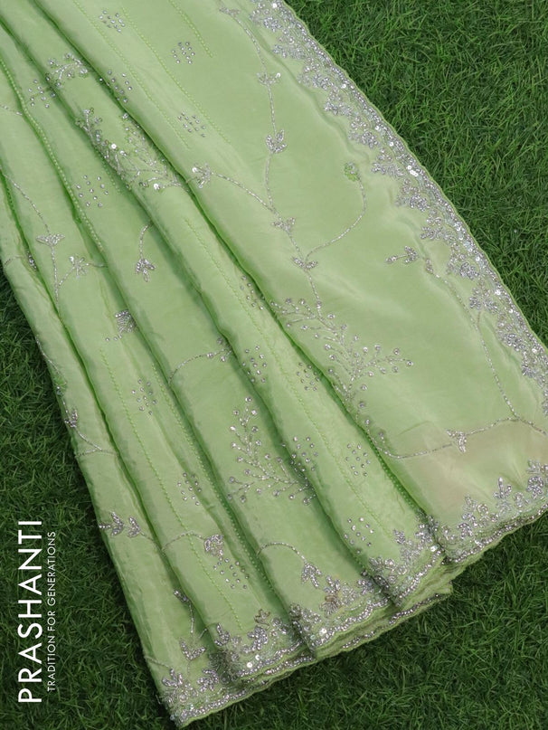 Designer satin silk saree pista green with allover stone & chamki work - {{ collection.title }} by Prashanti Sarees