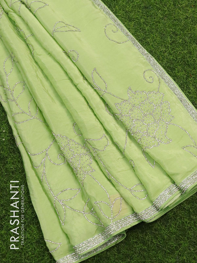 Designer satin silk saree pista green with allover stone work - {{ collection.title }} by Prashanti Sarees