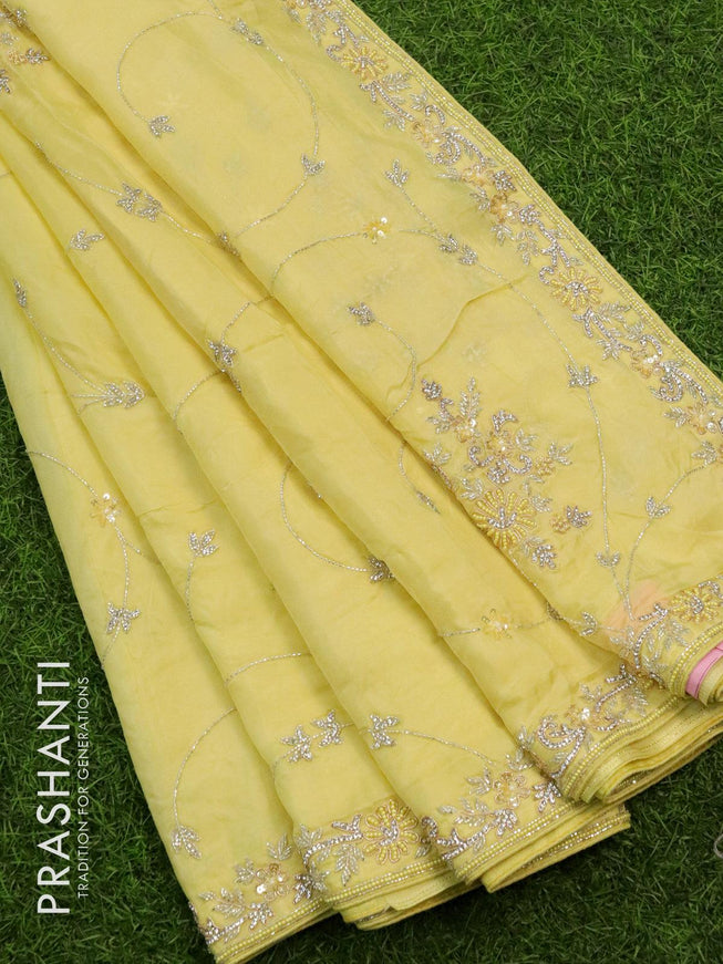Designer satin silk saree yellow with allover stone & beaded work - {{ collection.title }} by Prashanti Sarees