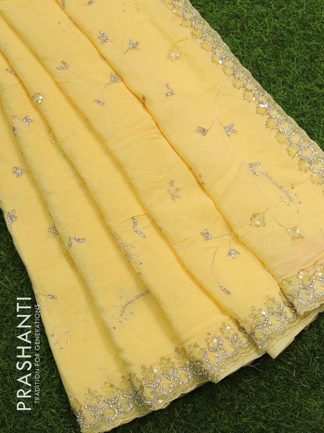 Designer satin silk saree yellow with allover stone & chamki work - {{ collection.title }} by Prashanti Sarees