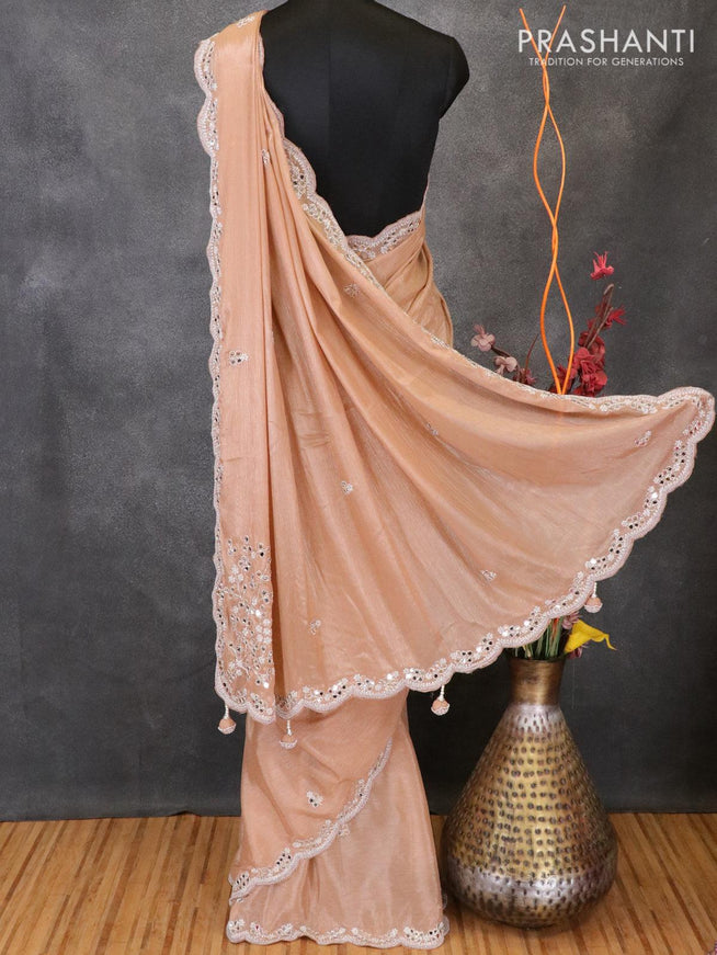 Designer semi chiffon saree pastel brown with beaded embroidery and mirror work - {{ collection.title }} by Prashanti Sarees