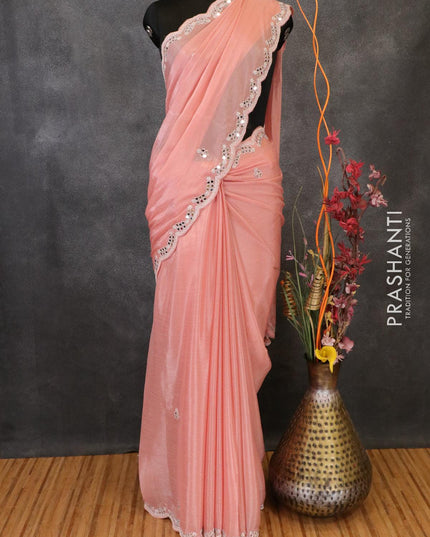 Designer semi chiffon saree peach with beaded embroidery and mirror work - {{ collection.title }} by Prashanti Sarees