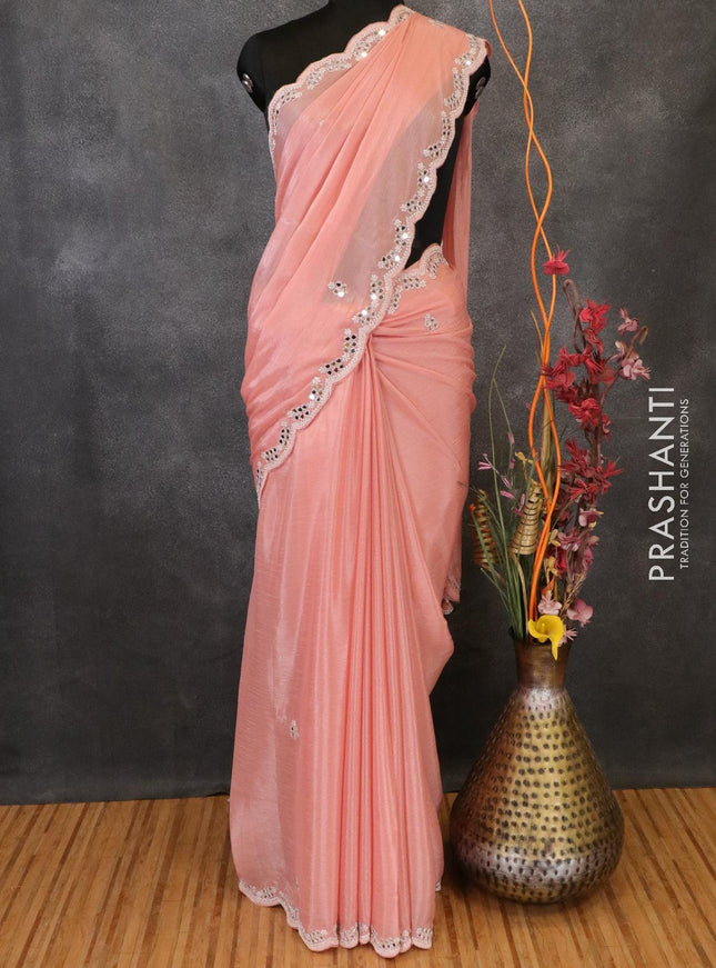 Designer semi chiffon saree peach with beaded embroidery and mirror work - {{ collection.title }} by Prashanti Sarees