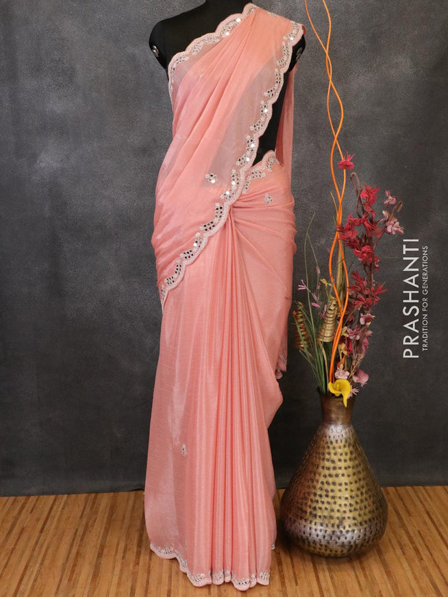 Designer semi chiffon saree peach with beaded embroidery and mirror work - {{ collection.title }} by Prashanti Sarees