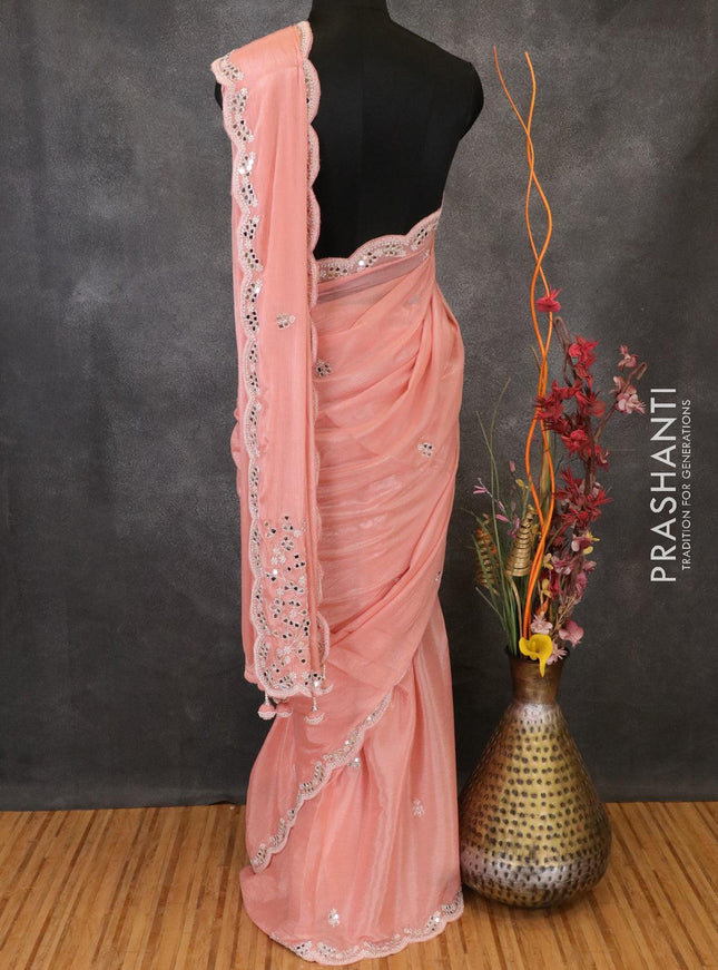 Designer semi chiffon saree peach with beaded embroidery and mirror work - {{ collection.title }} by Prashanti Sarees