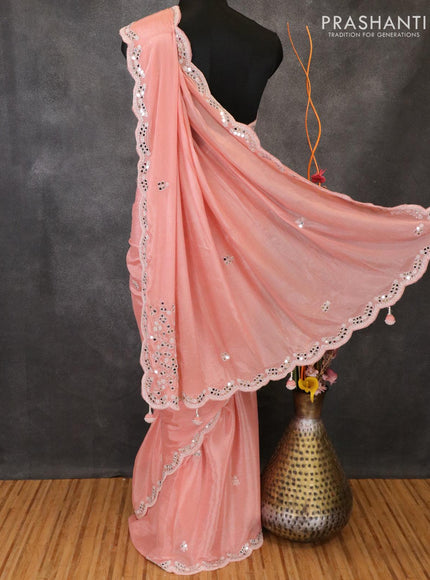 Designer semi chiffon saree peach with beaded embroidery and mirror work - {{ collection.title }} by Prashanti Sarees