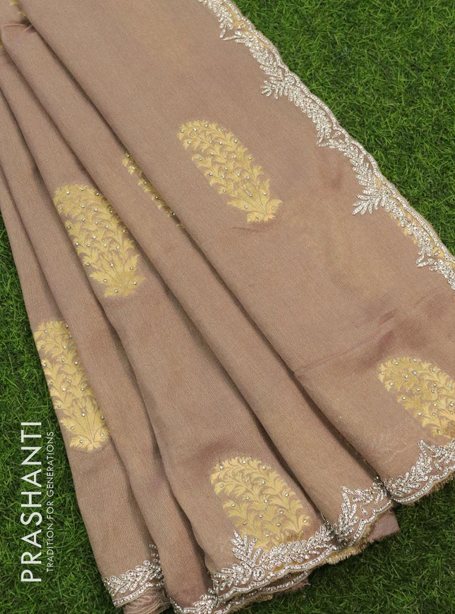 Designer semi georgette saree brown shade with allover zari buttas & stone work - {{ collection.title }} by Prashanti Sarees