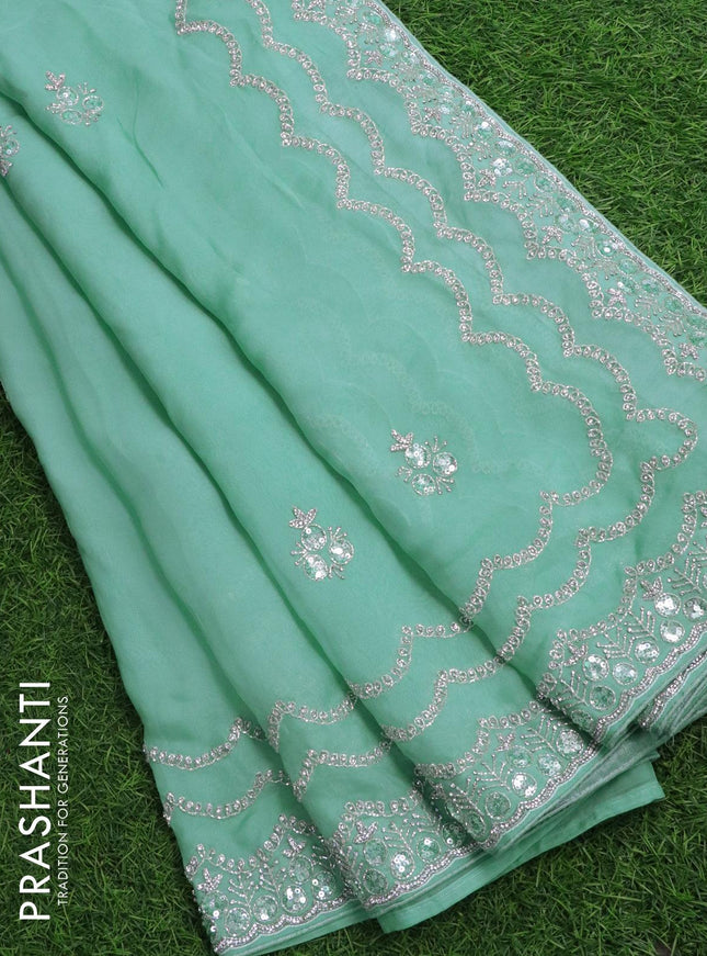 Designer semi organza saree pastel blue with allover stone & zardosi work - {{ collection.title }} by Prashanti Sarees