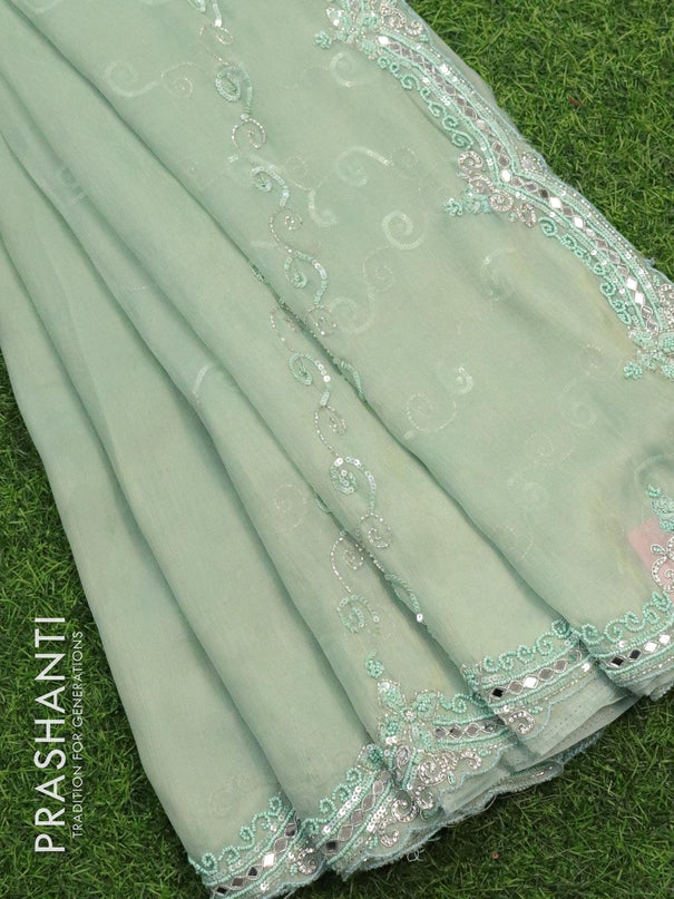 Designer semi organza saree pastel green with allover chamki & beaded work - {{ collection.title }} by Prashanti Sarees