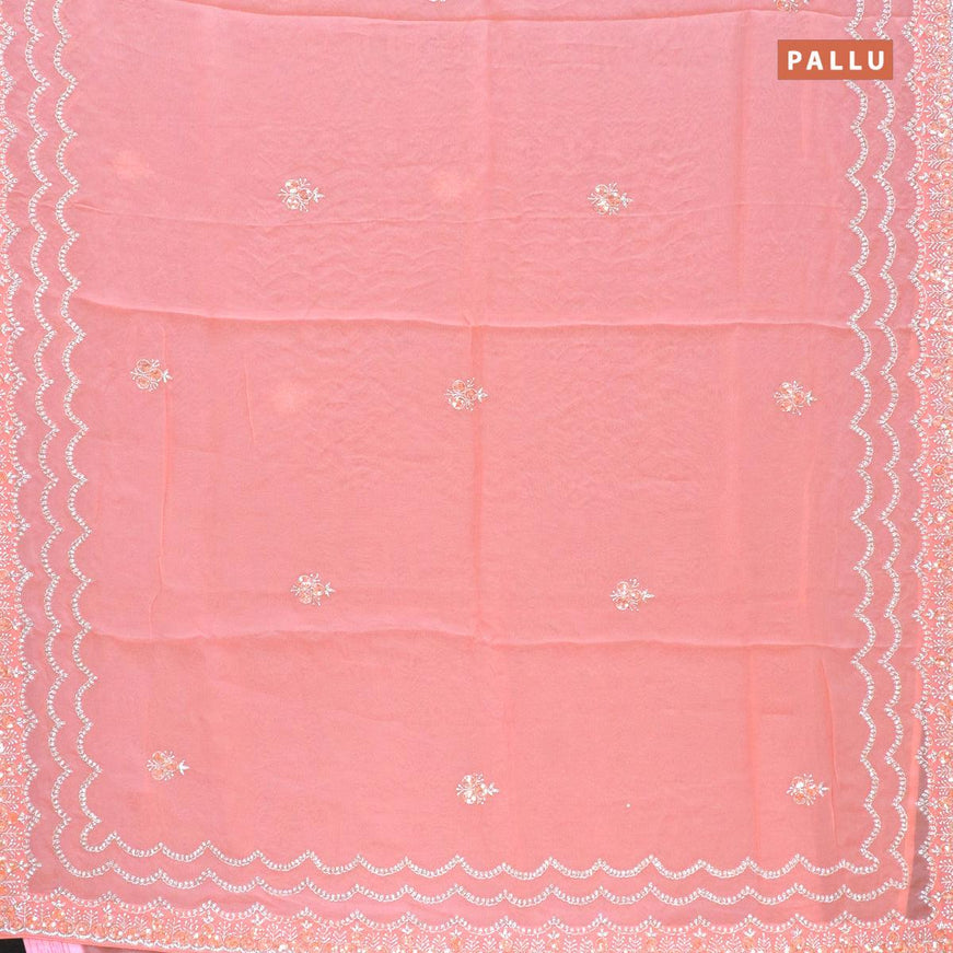 Designer semi organza saree peach pink with allover stone & zardosi work - {{ collection.title }} by Prashanti Sarees
