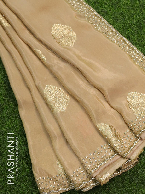 Designer tussar silk saree beige with allover zari woven buttas & stone work - {{ collection.title }} by Prashanti Sarees