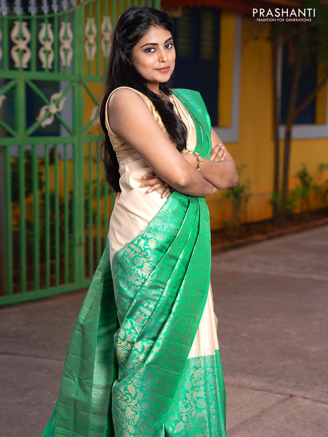 Dha - Pure kanjivaram silk saree cream and teal green with half & half style and rich zari woven vanasingaram weaves border - {{ collection.title }} by Prashanti Sarees