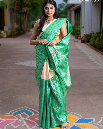 Dha - Pure kanjivaram silk saree cream and teal green with half & half style and rich zari woven vanasingaram weaves border - {{ collection.title }} by Prashanti Sarees