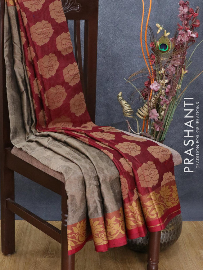 Dhakai cotton saree chikku shade and marooon with allover self emboss and thread woven border - {{ collection.title }} by Prashanti Sarees