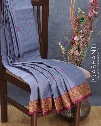 Dhakai cotton saree grey and deep magenta pink with allover self emboss and thread woven border - {{ collection.title }} by Prashanti Sarees
