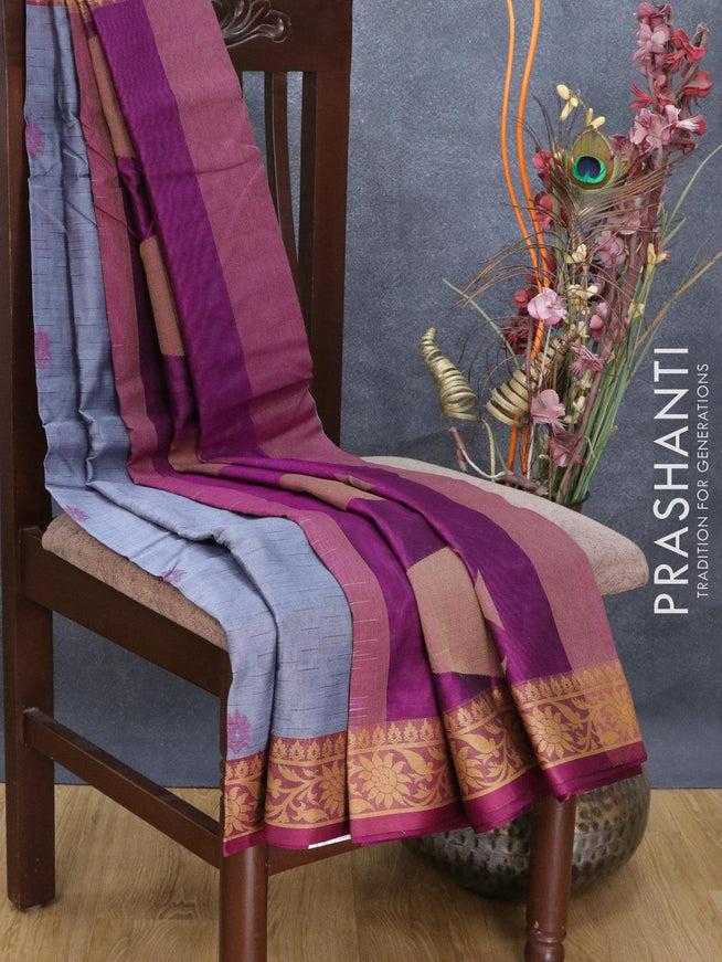 Dhakai cotton saree grey and deep magenta pink with allover self emboss and thread woven border - {{ collection.title }} by Prashanti Sarees