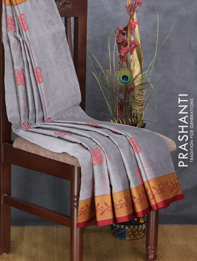 Dhakai cotton saree grey and maroon with thread woven buttas and thread woven border - {{ collection.title }} by Prashanti Sarees