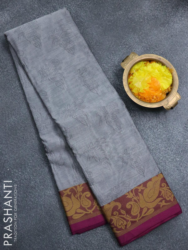 Dhakai cotton saree grey and purple with allover self emboss and thread woven border - {{ collection.title }} by Prashanti Sarees