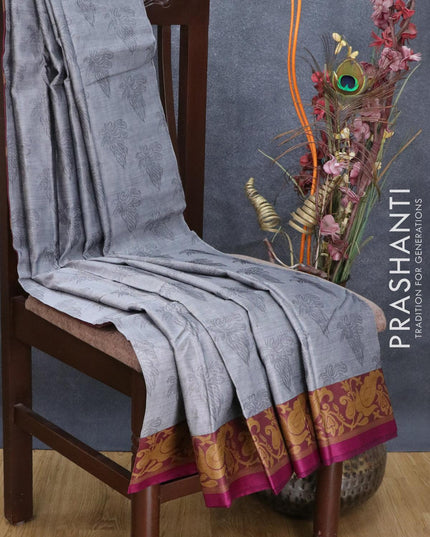 Dhakai cotton saree grey and purple with allover self emboss and thread woven border - {{ collection.title }} by Prashanti Sarees