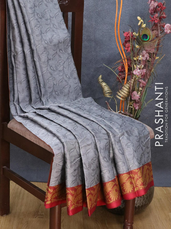 Dhakai cotton saree grey shade and maroon with allover self emboss and thread woven border - {{ collection.title }} by Prashanti Sarees