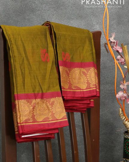 Dhakai cotton saree mehendi green and maroon with thread woven buttas and thread woven border - {{ collection.title }} by Prashanti Sarees