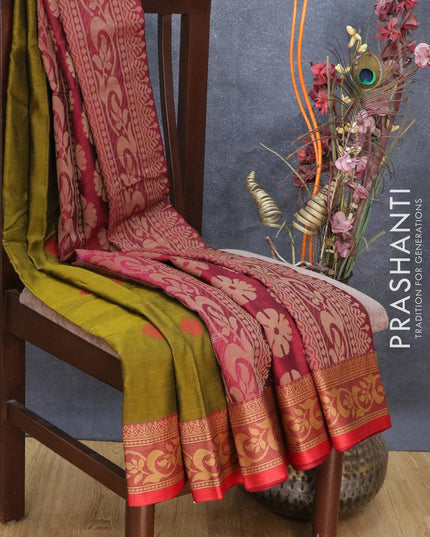 Dhakai cotton saree mustard green and maroon with thread woven buttas and thread woven border - {{ collection.title }} by Prashanti Sarees