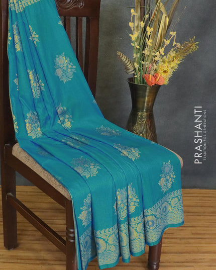 Dola silk Saree cs blue with floral zari woven buttas and zari woven border - {{ collection.title }} by Prashanti Sarees