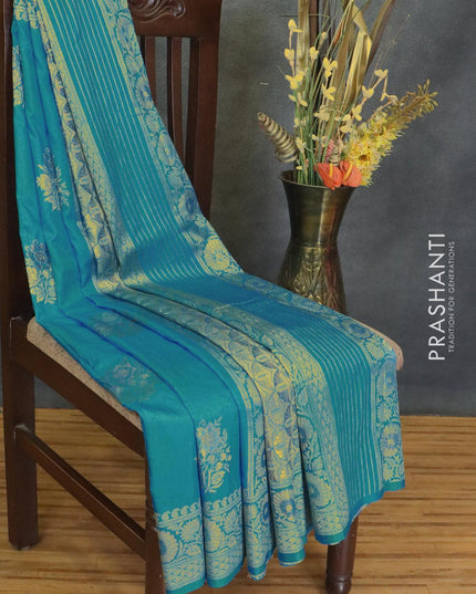 Dola silk Saree cs blue with floral zari woven buttas and zari woven border - {{ collection.title }} by Prashanti Sarees